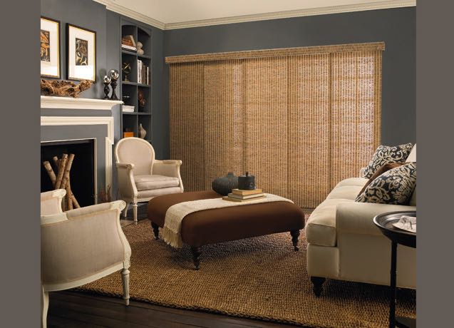 Denver Family room with gray walls and tan sliding panel tracks.